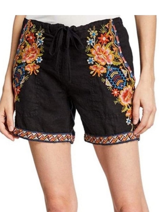 Johnny Was Pants - Johnny Was Black Linen Embroidered Floral Drawstring Shorts